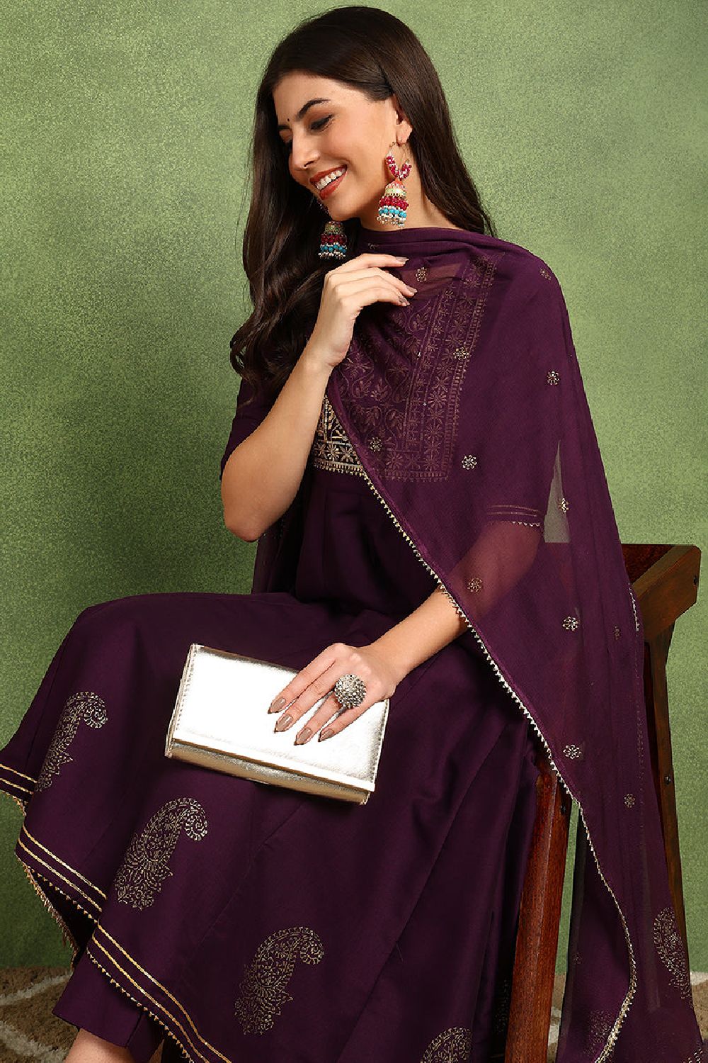 Purple Silk Blend Woven Design Embroidered Flared Suit Set