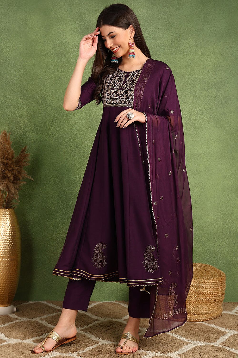 Purple Silk Blend Woven Design Embroidered Flared Suit Set