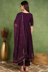 Purple Silk Blend Woven Design Embroidered Flared Suit Set