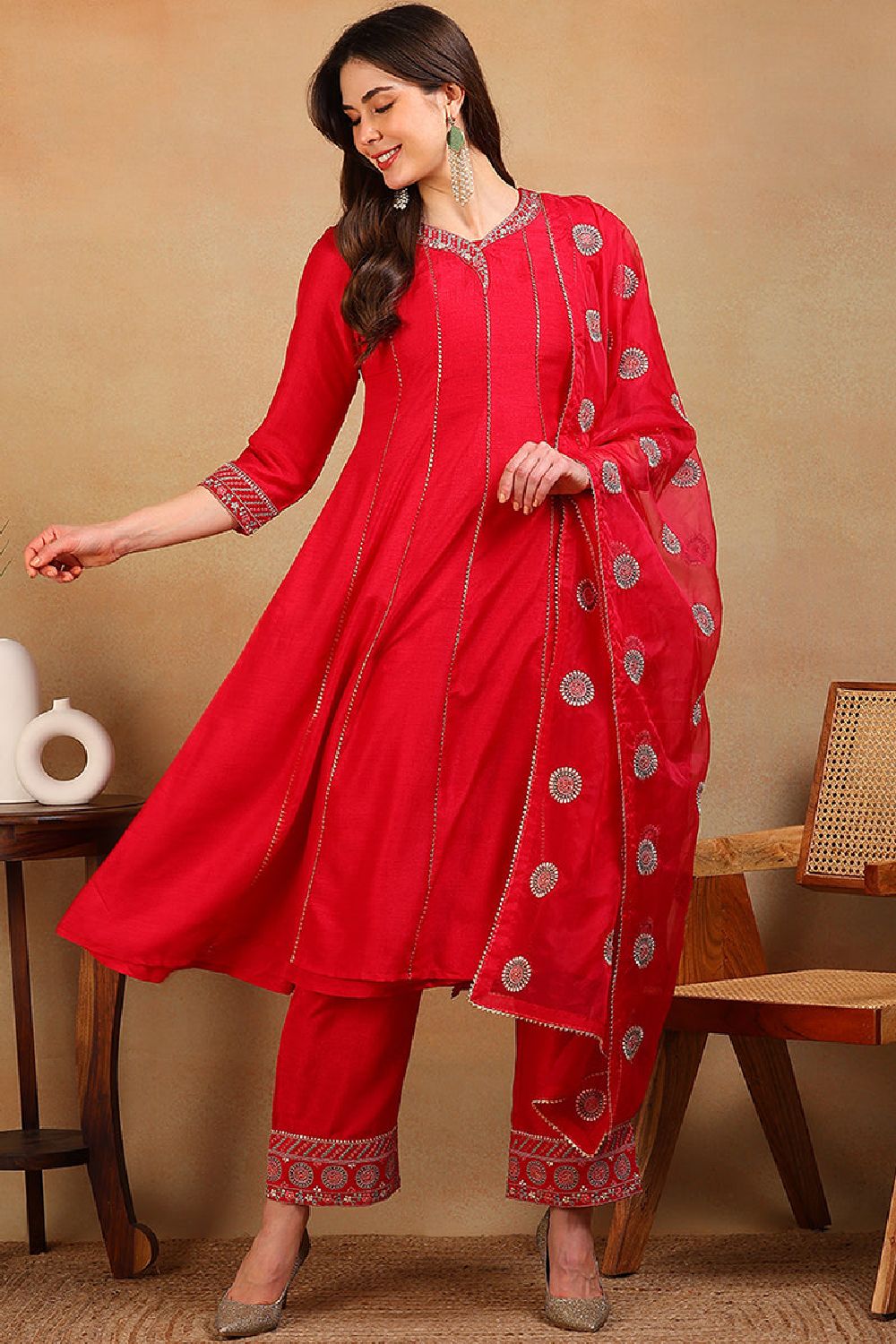 Red Silk Blend Solid Embroidered Flared Empire Suit Set