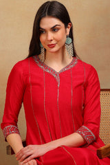 Red Silk Blend Solid Embroidered Flared Empire Suit Set