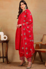 Red Silk Blend Solid Embroidered Flared Empire Suit Set