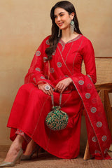 Red Silk Blend Solid Embroidered Flared Empire Suit Set