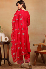 Red Silk Blend Solid Embroidered Flared Empire Suit Set