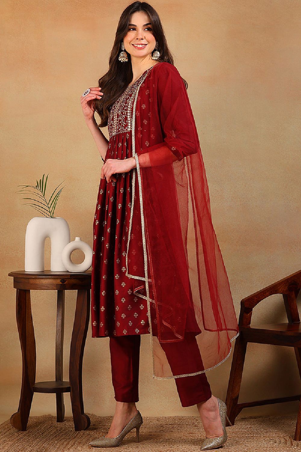 Maroon Silk Blend Solid Woven Design Flared Empire Suit Set