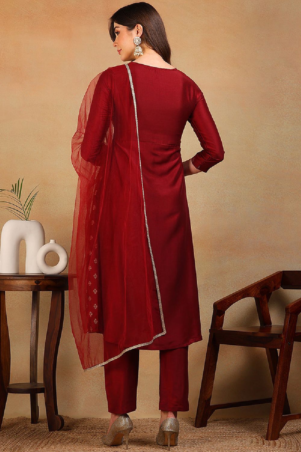 Maroon Silk Blend Solid Woven Design Flared Empire Suit Set