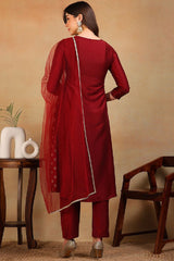 Maroon Silk Blend Solid Woven Design Flared Empire Suit Set