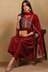 Maroon Silk Blend Solid Woven Design Flared Empire Suit Set