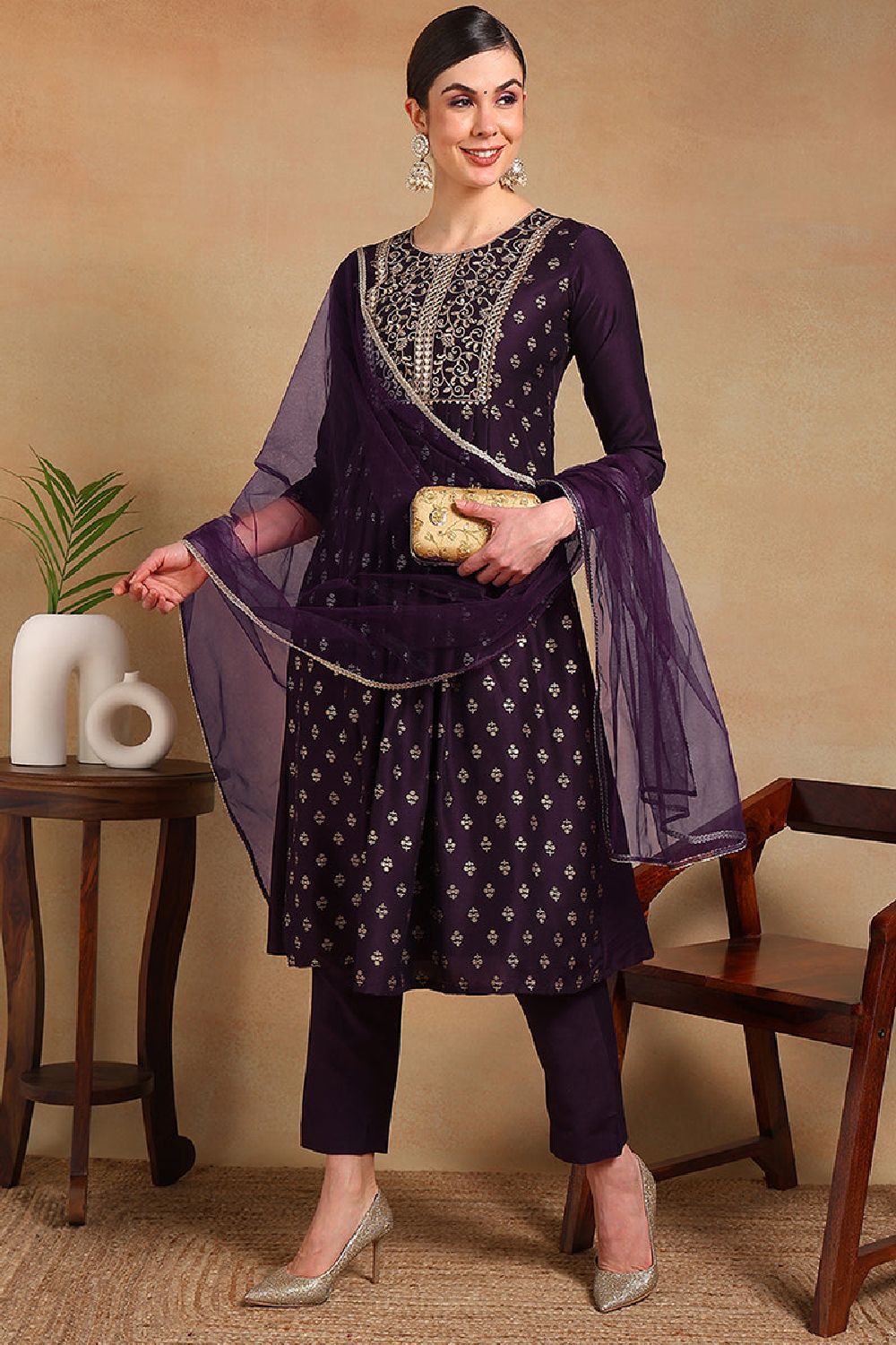 Purple Silk Blend Solid Woven Design Flared Empire Suit Set