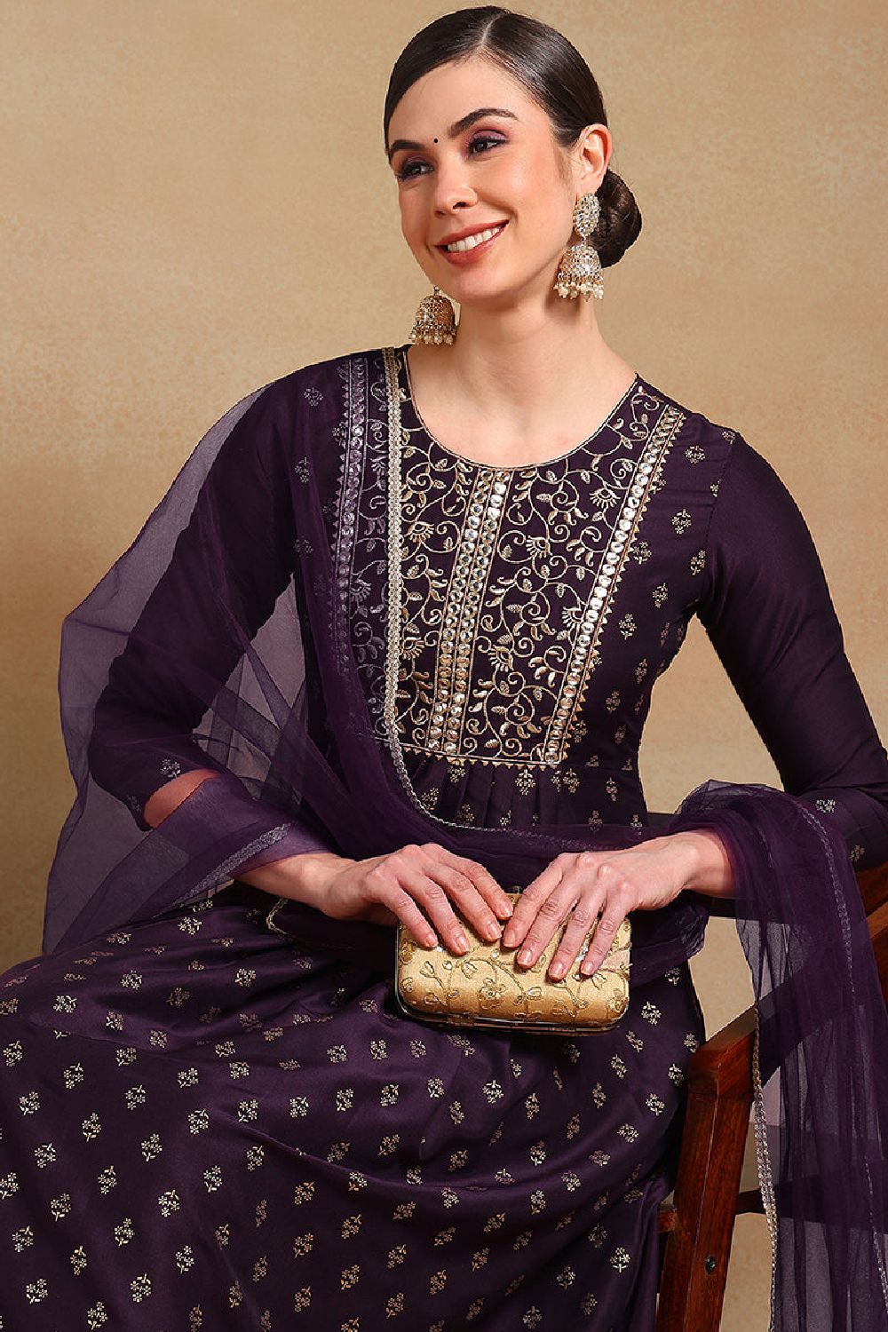 Purple Silk Blend Solid Woven Design Flared Empire Suit Set