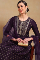 Purple Silk Blend Solid Woven Design Flared Empire Suit Set