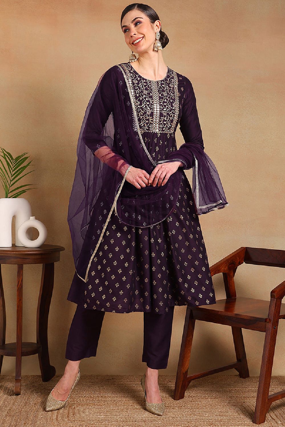 Purple Silk Blend Solid Woven Design Flared Empire Suit Set