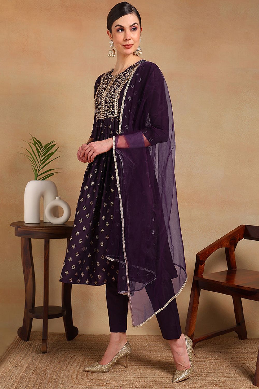 Purple Silk Blend Solid Woven Design Flared Empire Suit Set