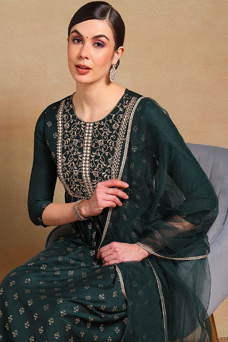 Green Silk Blend Solid Woven Design Flared Empire Suit Set