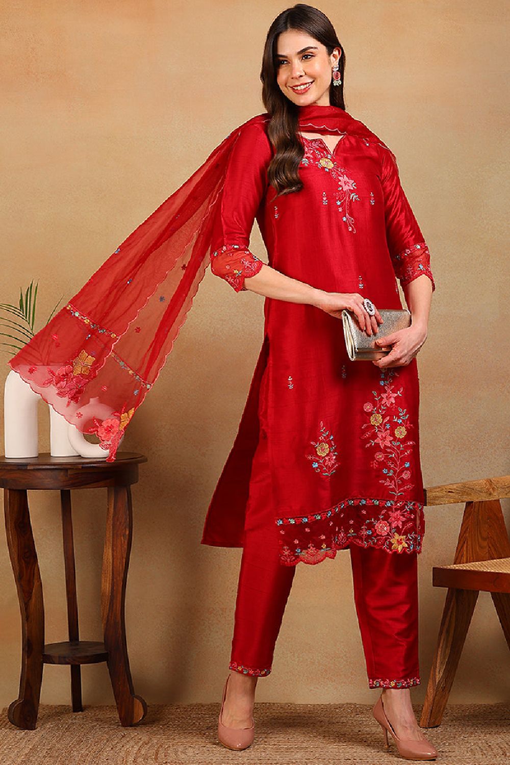 Red Silk Blend Solid Embroidered Straight Regular Suit Set