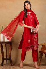 Red Silk Blend Solid Embroidered Straight Regular Suit Set