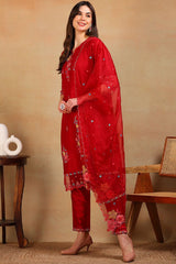 Red Silk Blend Solid Embroidered Straight Regular Suit Set