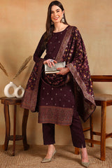 Burgundy Poly Chanderi Woven Design Straight Suit Set