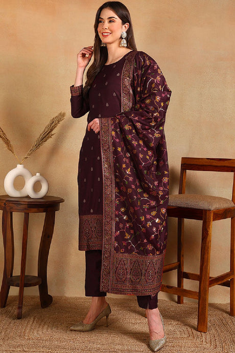 Burgundy Poly Chanderi Woven Design Straight Suit Set