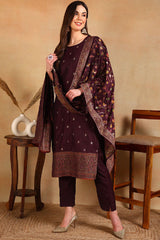 Burgundy Poly Chanderi Woven Design Straight Suit Set