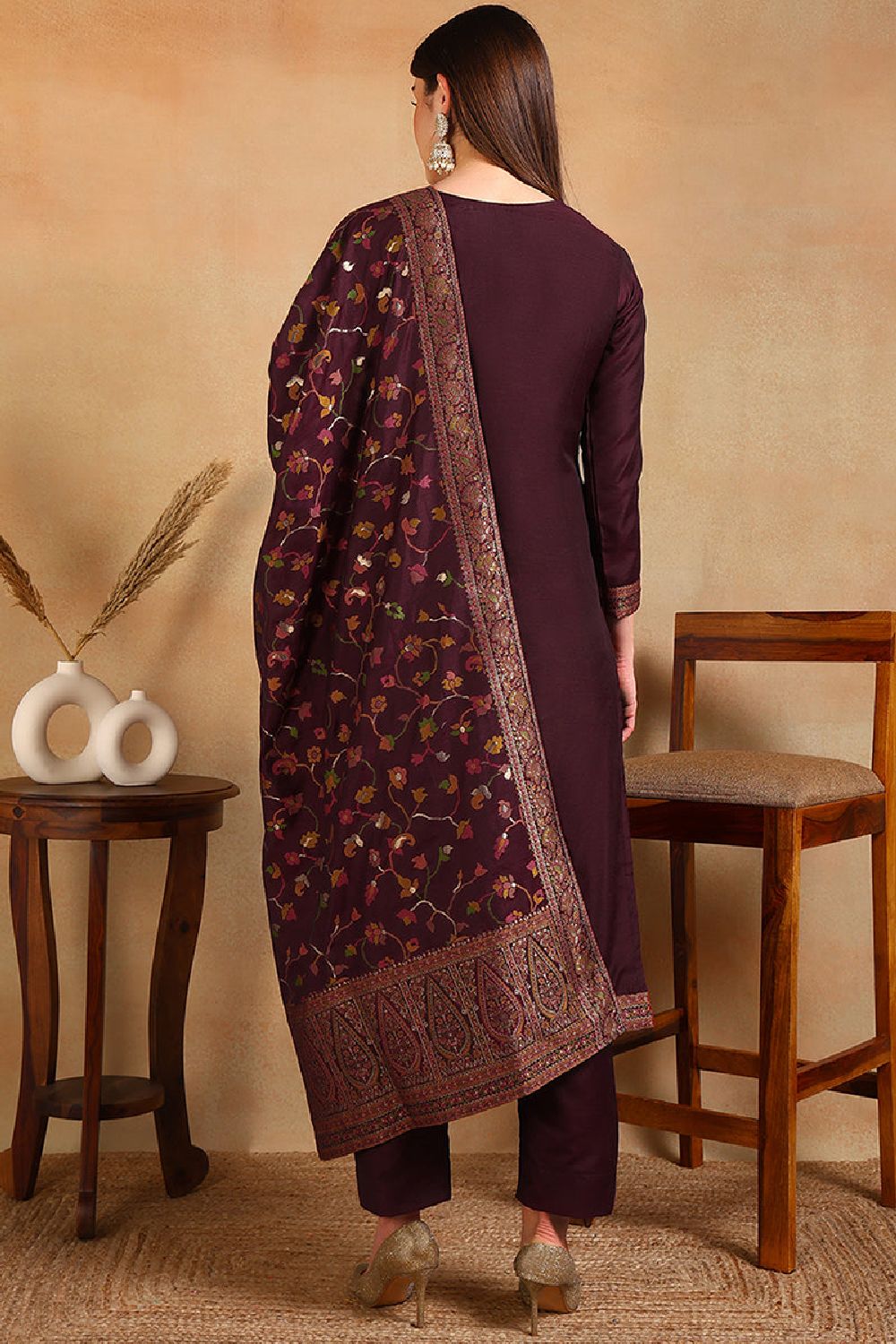 Burgundy Poly Chanderi Woven Design Straight Suit Set