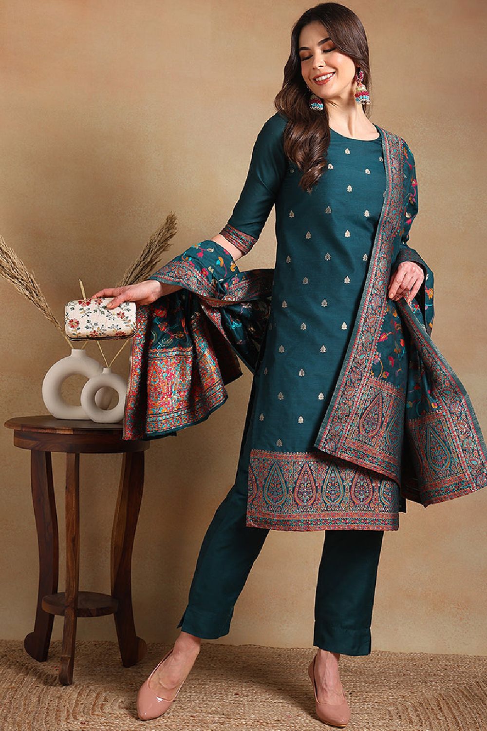 Teal Poly Chanderi Woven Design Straight Suit Set