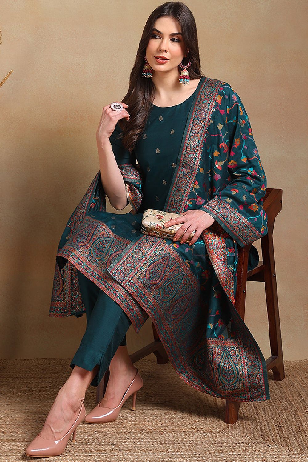 Teal Poly Chanderi Woven Design Straight Suit Set