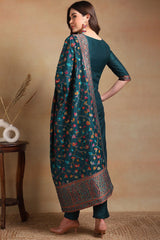 Teal Poly Chanderi Woven Design Straight Suit Set