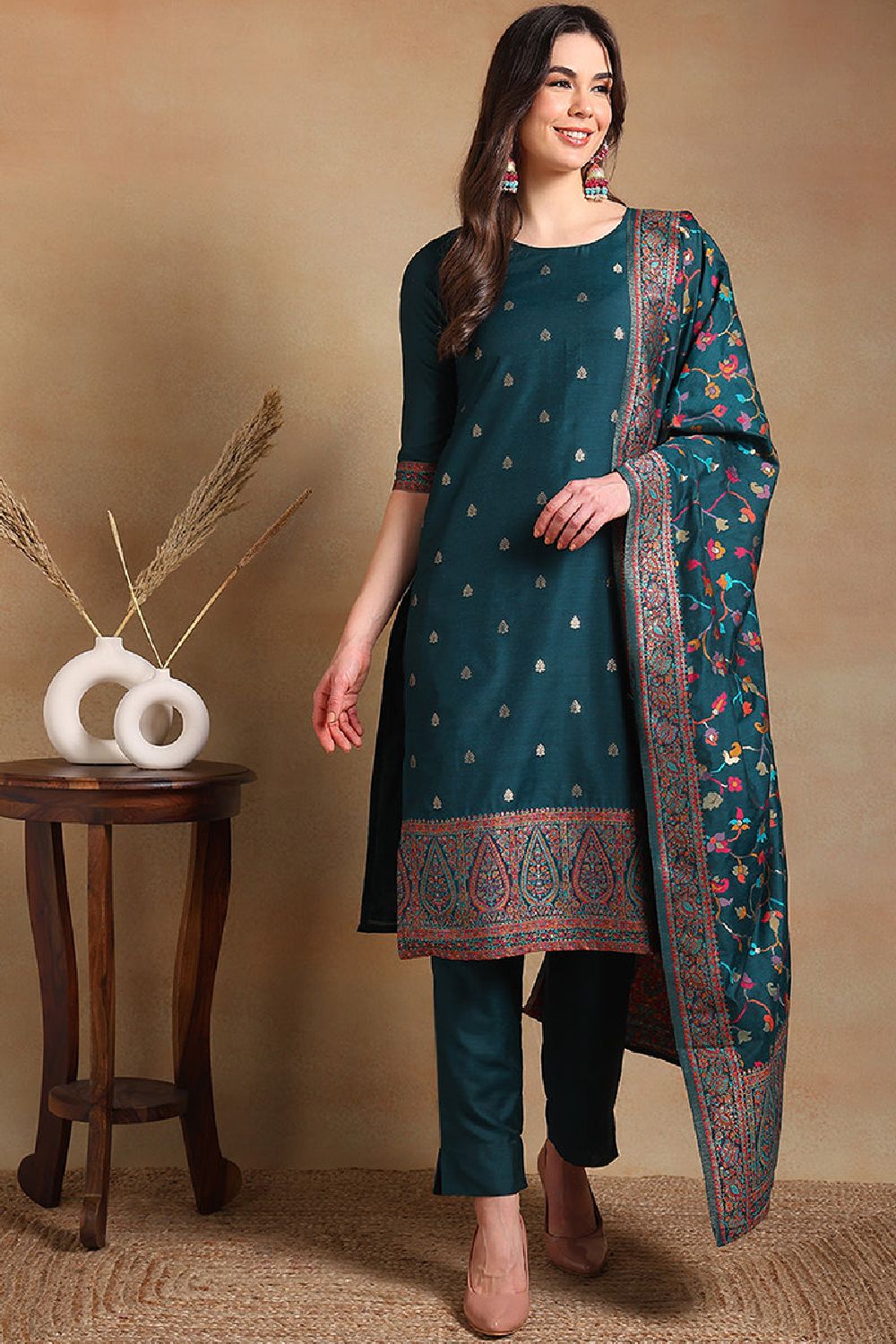 Teal Poly Chanderi Woven Design Straight Suit Set