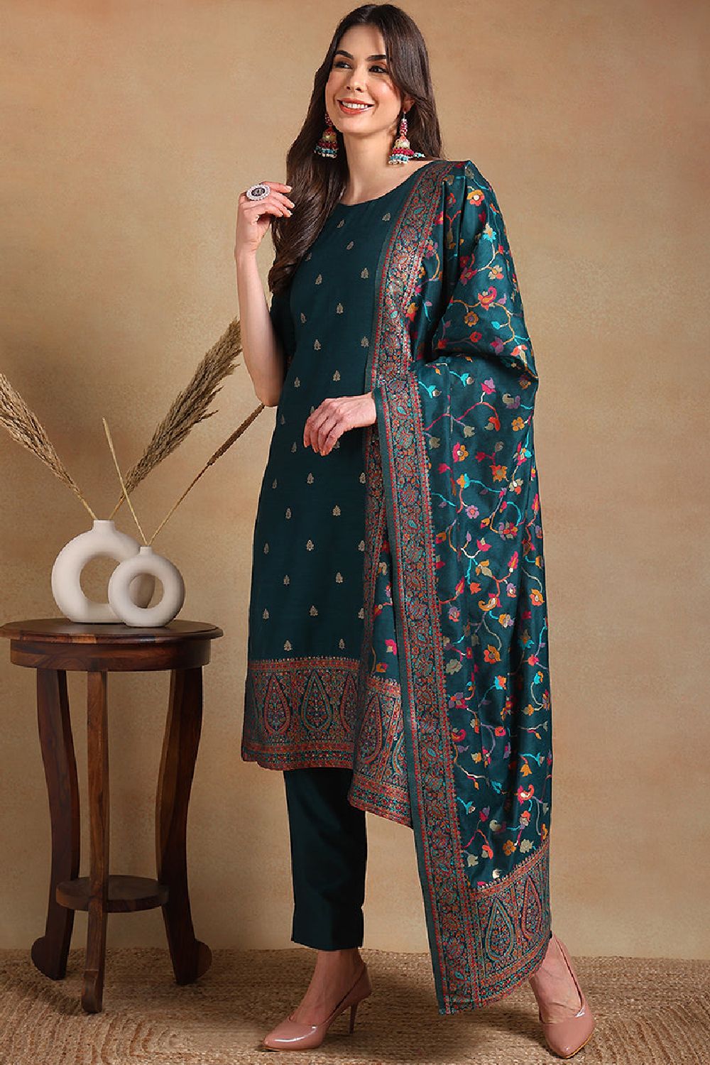 Teal Poly Chanderi Woven Design Straight Suit Set