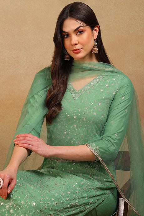 Green Silk Blend Solid Embroidered Straight Suit Set