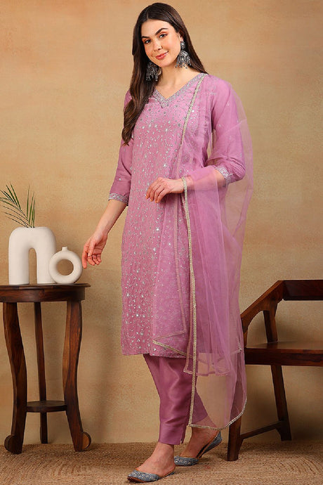 Lavender Silk Blend Solid Embroidered Straight Suit Set