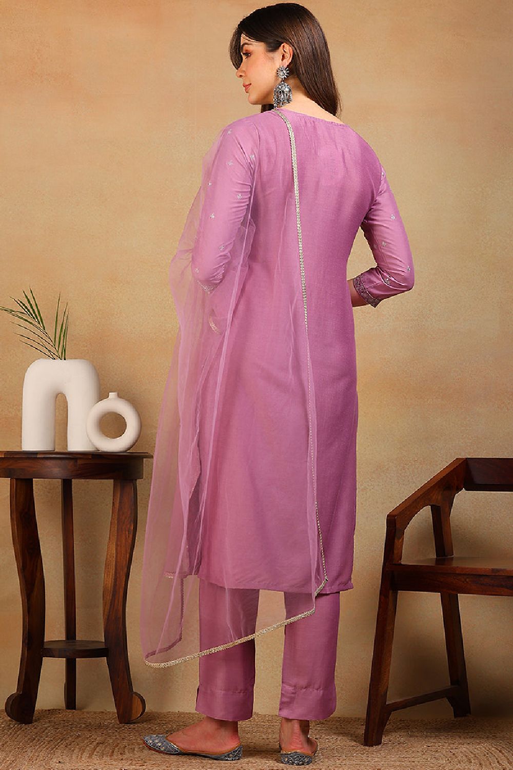 Lavender Silk Blend Solid Embroidered Straight Suit Set