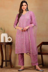 Lavender Silk Blend Solid Embroidered Straight Suit Set