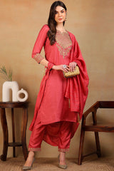 Rust Silk Blend Solid Embroidered Straight Suit Set