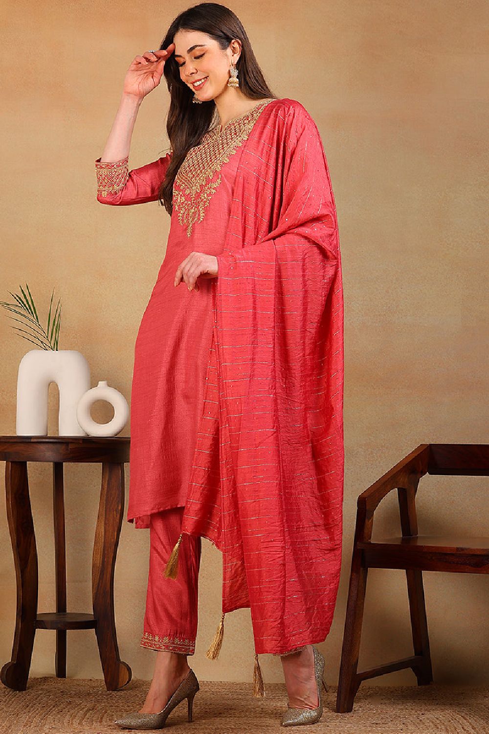 Rust Silk Blend Solid Embroidered Straight Suit Set