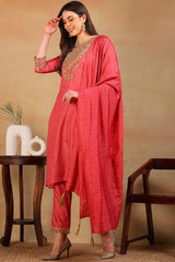 Rust Silk Blend Solid Embroidered Straight Suit Set