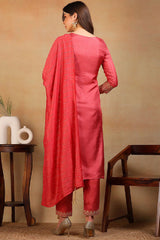 Rust Silk Blend Solid Embroidered Straight Suit Set