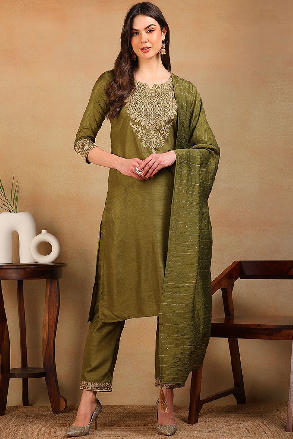 Olive Silk Blend Solid Embroidered Straight Suit Set