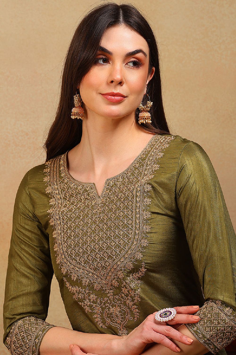 Olive Silk Blend Solid Embroidered Straight Suit Set