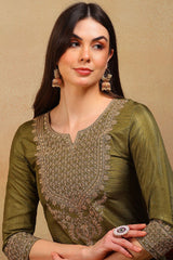 Olive Silk Blend Solid Embroidered Straight Suit Set