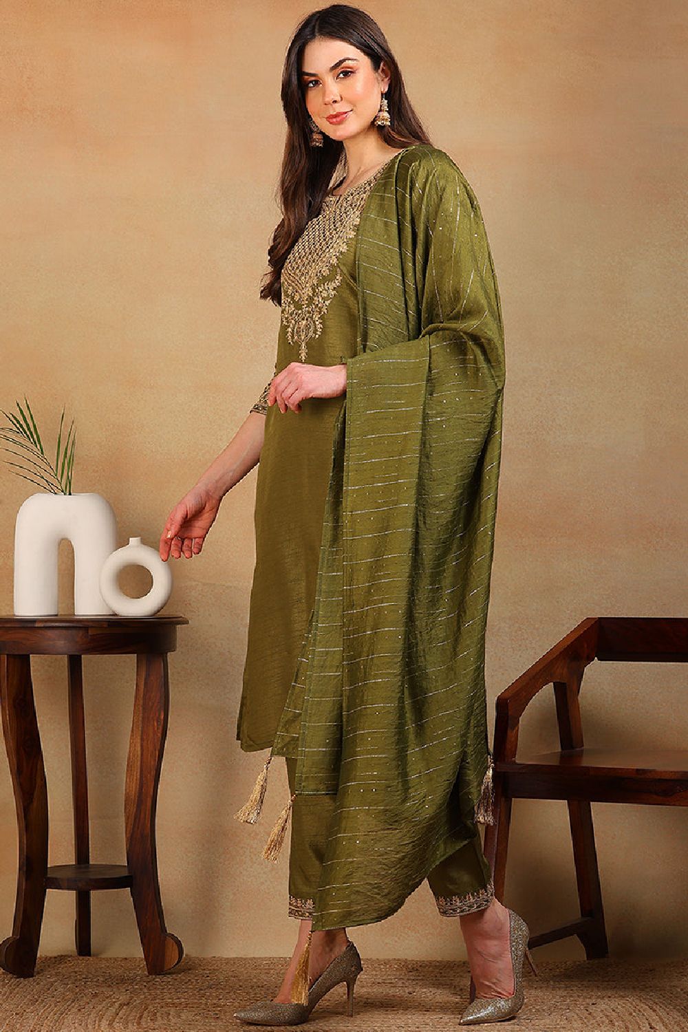 Olive Silk Blend Solid Embroidered Straight Suit Set