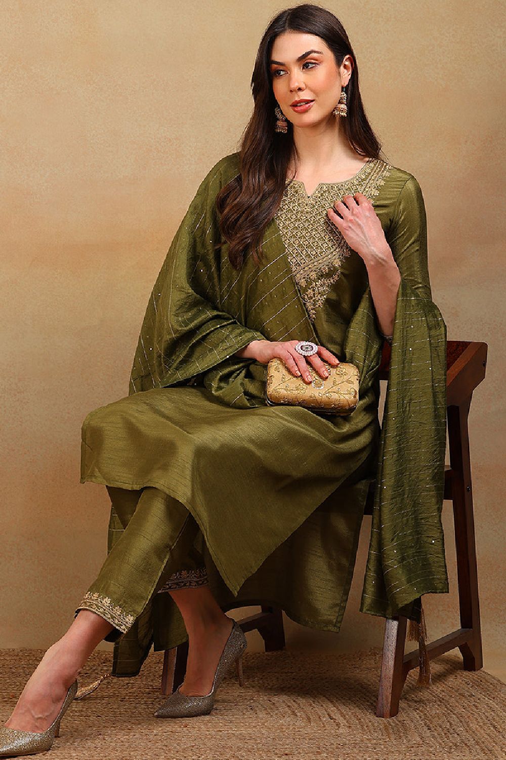 Olive Silk Blend Solid Embroidered Straight Suit Set