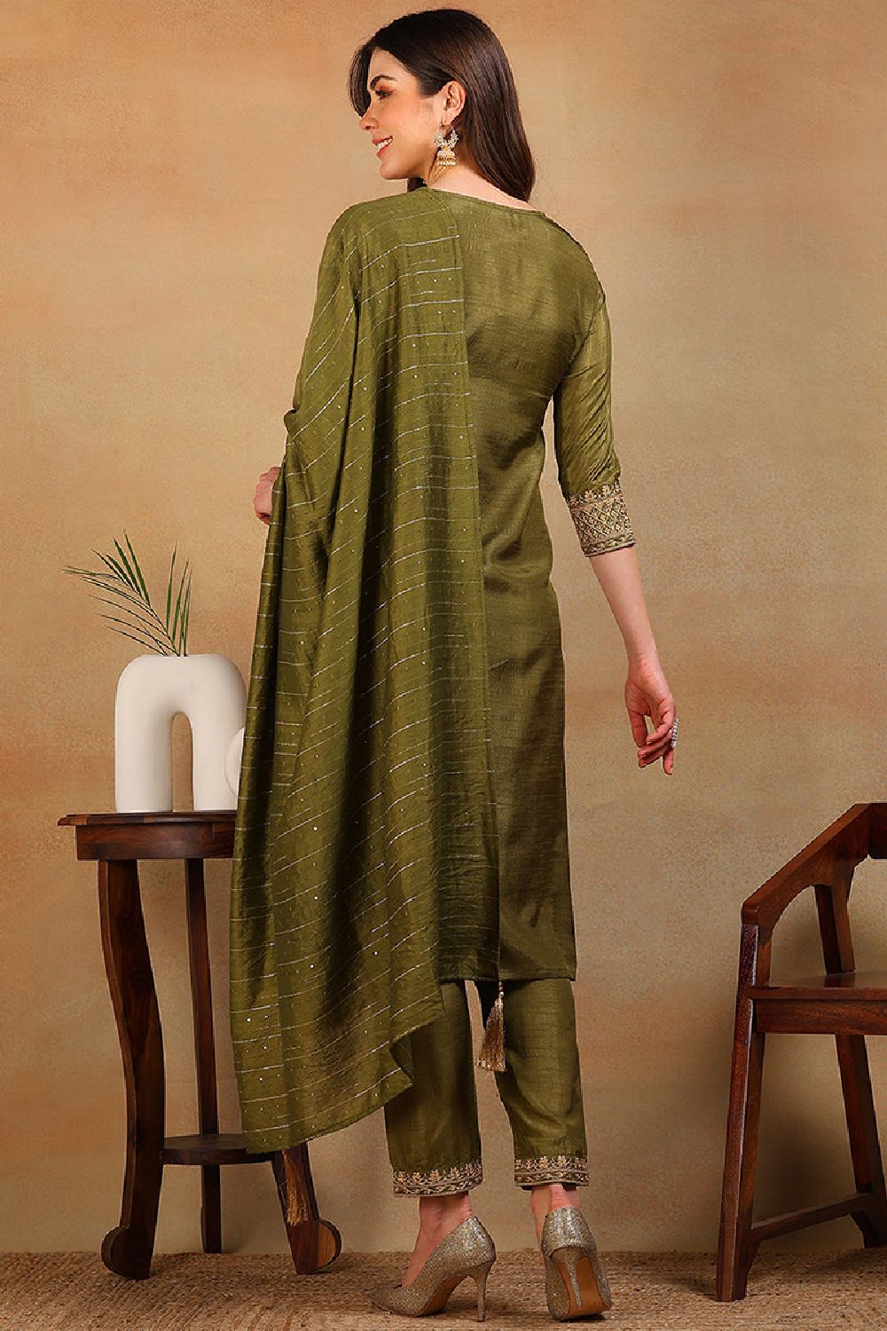 Olive Silk Blend Solid Embroidered Straight Suit Set