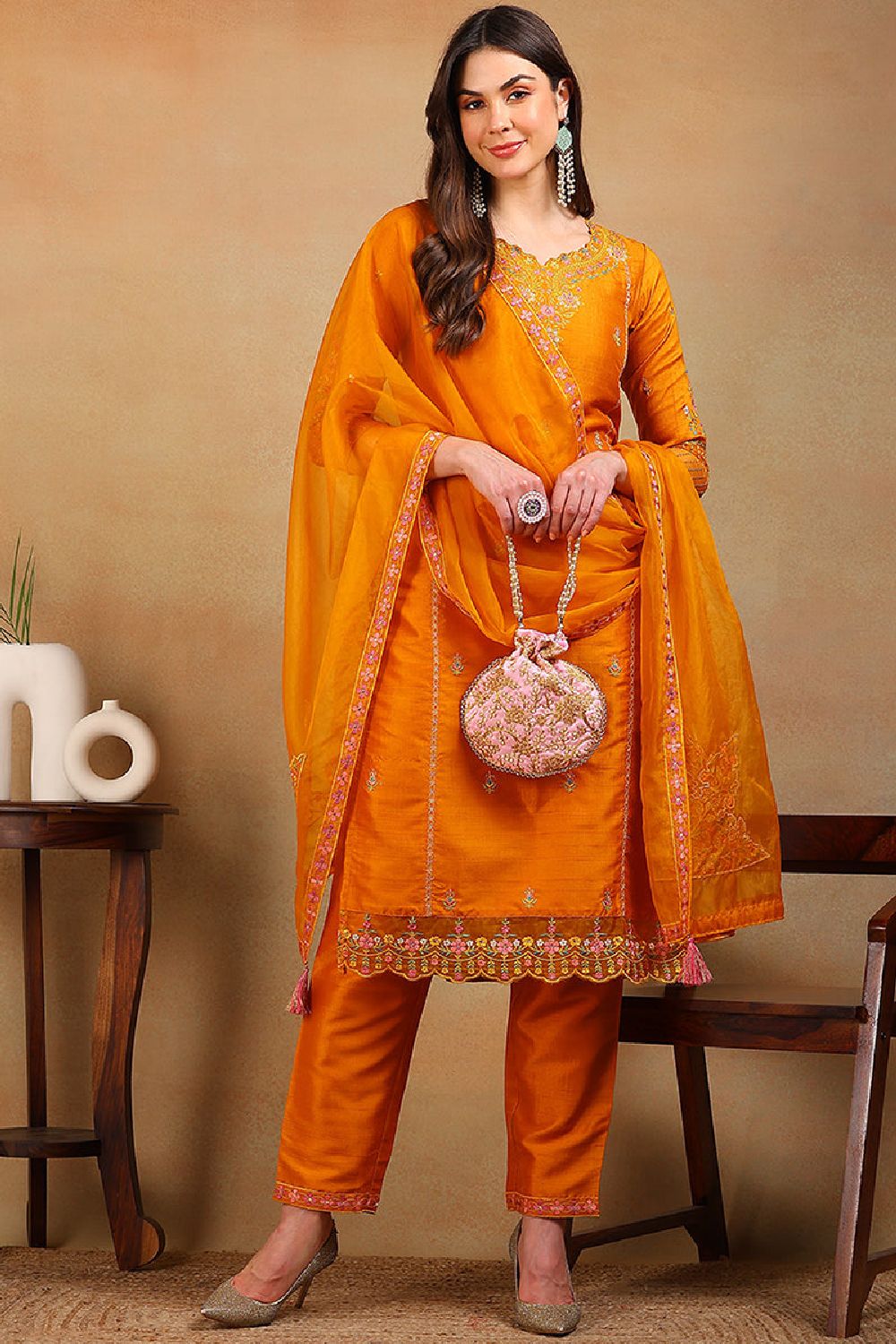 Mustard Silk Blend Solid Embroidered Straight Suit Set