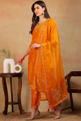 Mustard Silk Blend Solid Embroidered Straight Suit Set