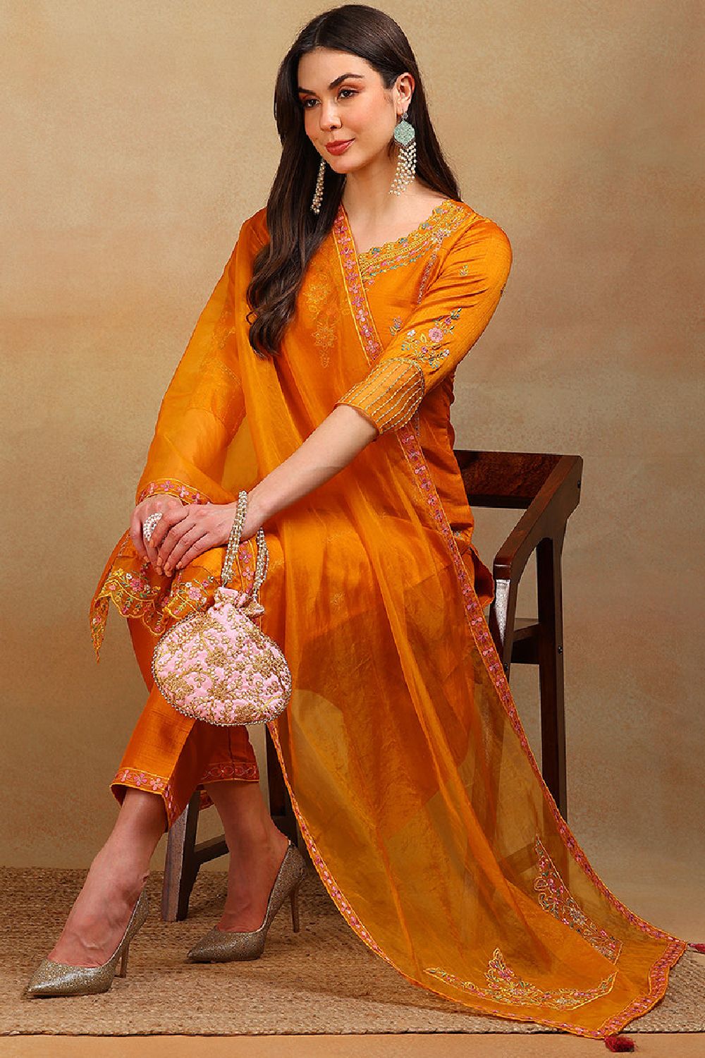 Mustard Silk Blend Solid Embroidered Straight Suit Set