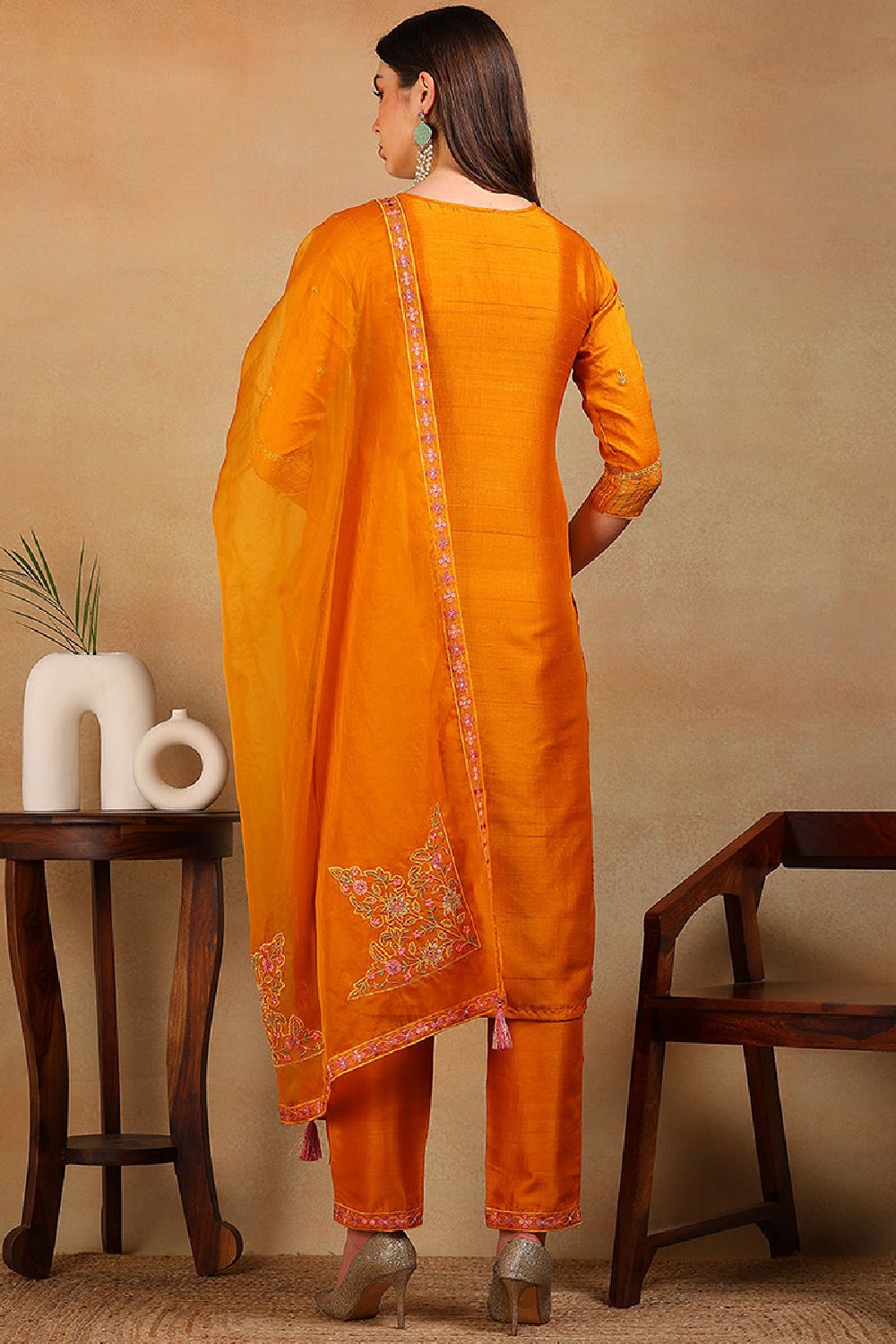 Mustard Silk Blend Solid Embroidered Straight Suit Set