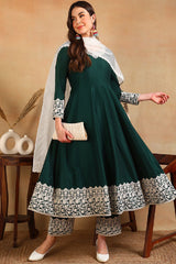 Green Silk Blend Embroidered Anarkali Suit Set