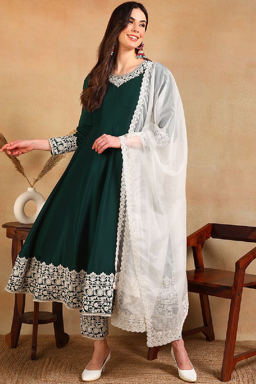 Green Silk Blend Embroidered Anarkali Suit Set